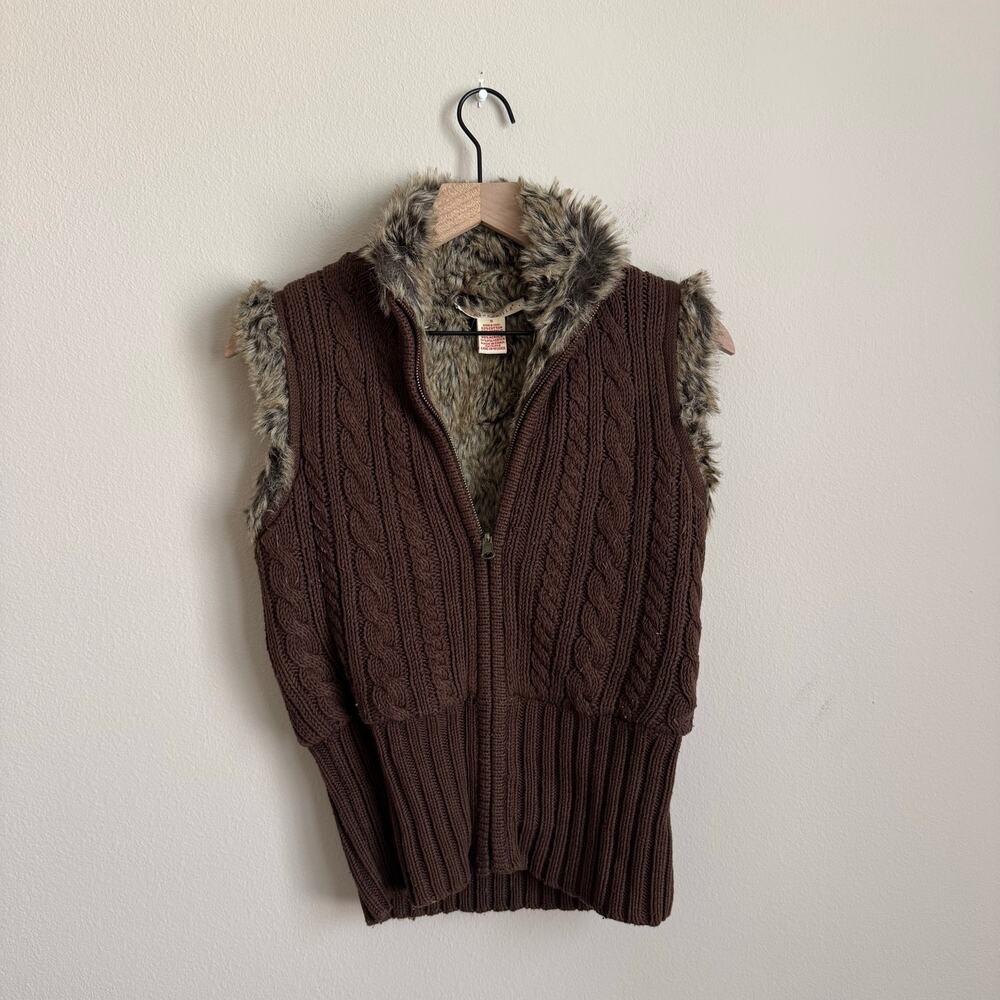 Sarsaparilla Women Brown CableKnit Sleeveless Fur Lined Full Zip Vest Size Small